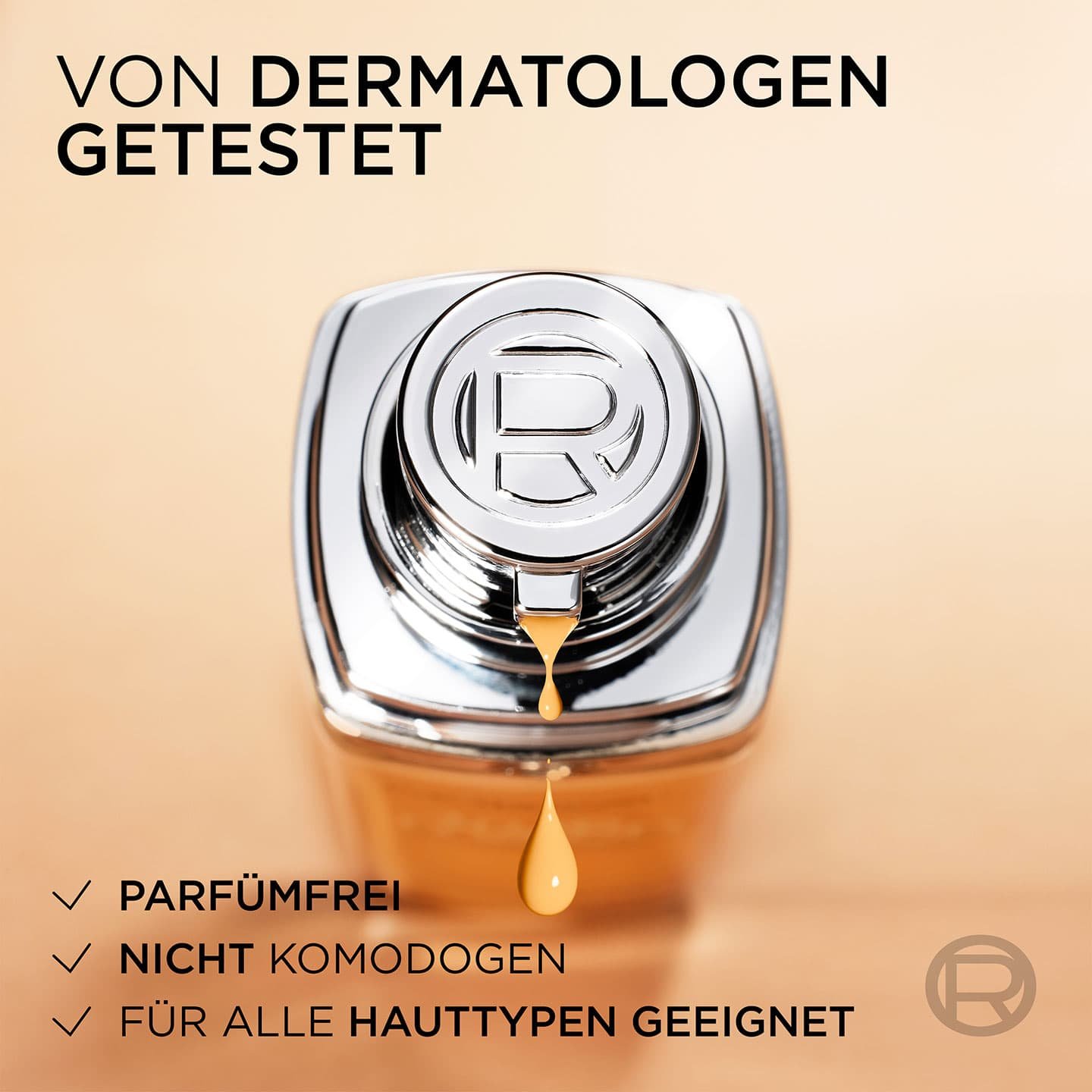 Text: Von Dermatologen getestet, darunter Produkt von oben & 3 darunter Produktvorteile aufgelistet